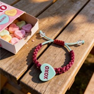 Kid’s Valentine’s Bracelet; XOXO; adjustable; red with green heart